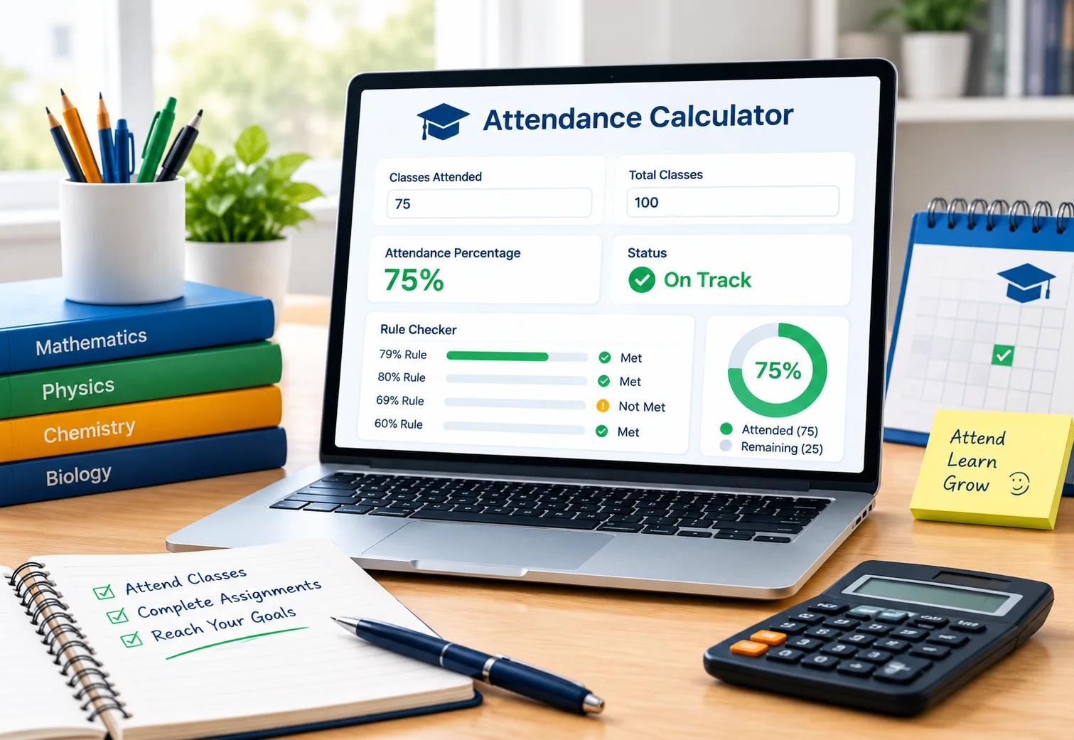 Attendance Calculator showing attendance percentage and class details