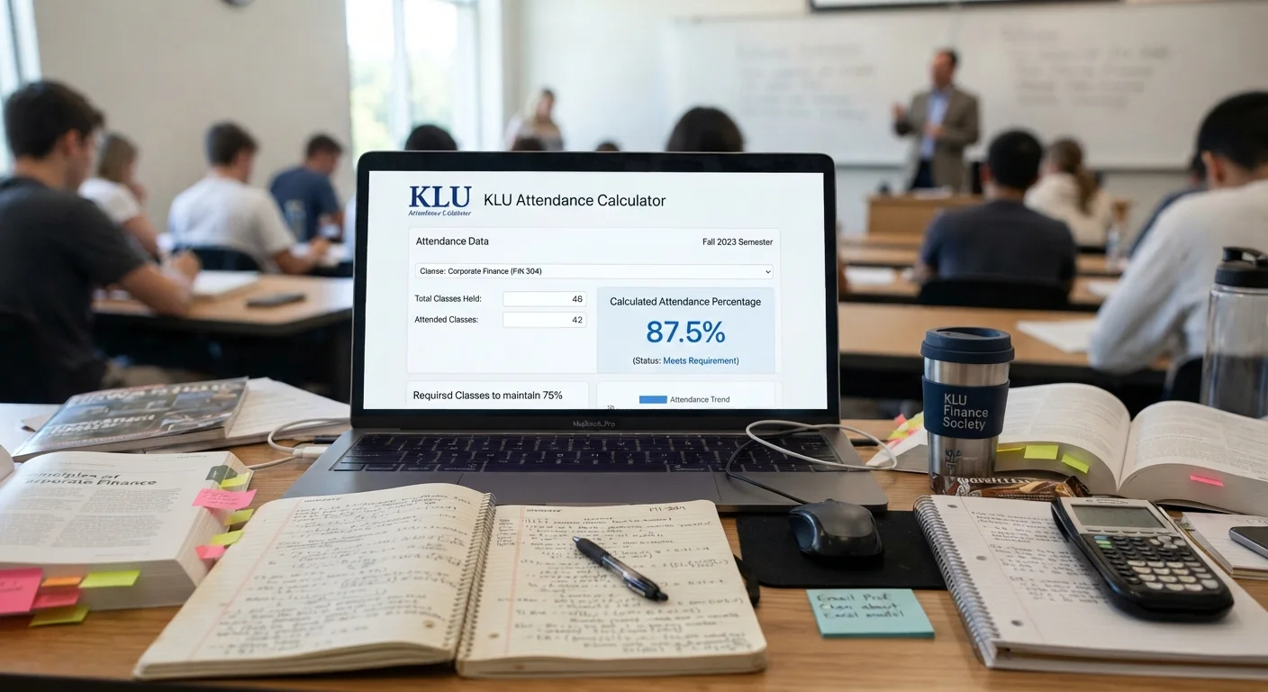 KLU Attendance Calculator showing calculated attendance percentage